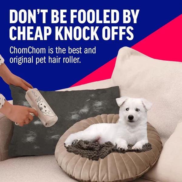 authentic-pet-hair-roller-white-puppy puppy.jpg A white puppy relaxing on a brown pillow while a person cleans a grey cushion nearby. Text warns customers to avoid cheap knock-offs and buy the original brand