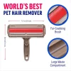 chomchom-roller-dimensions-and-features Technical diagram displaying the 7.5-inch (19 cm) width of the device, with detailed zooms on the red fur-grabbing brush material and the large waste compartment.
