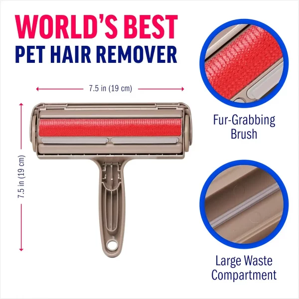 chomchom-roller-dimensions-and-features Technical diagram displaying the 7.5-inch (19 cm) width of the device, with detailed zooms on the red fur-grabbing brush material and the large waste compartment.