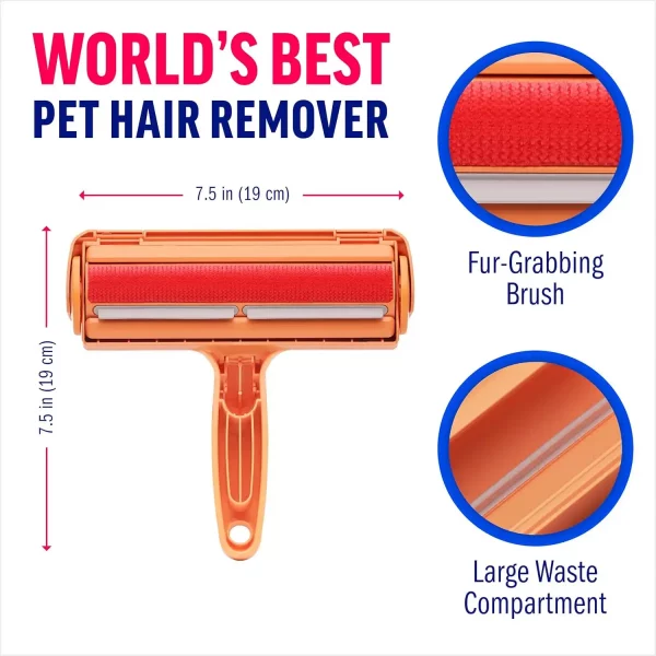Diagram of the ChomChom roller showing 7.5-inch width, featuring a close-up of the red fur-grabbing brush and the large waste compartment for storing hair.