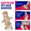 chomchom-roller-instructions-step-by-step by-step.jpg Infographic showing three simple steps to use the pet hair remover: roll over hair, press the button to open the chamber, and dispose of the waste. A cute kitten stands on hind legs on the left