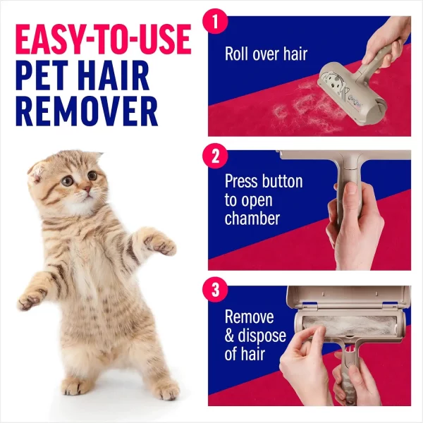 chomchom-roller-instructions-step-by-step by-step.jpg Infographic showing three simple steps to use the pet hair remover: roll over hair, press the button to open the chamber, and dispose of the waste. A cute kitten stands on hind legs on the left