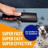 A demonstration of the lint roller removing hair from a blue fabric sofa, featuring an image of surprised pets in the corner