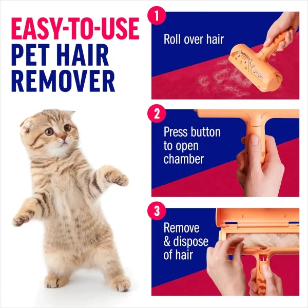 Three-step graphic guide: 1. Roll over the hair. 2. Press the button to open the capture chamber. 3. Remove and dispose of the collected fur.