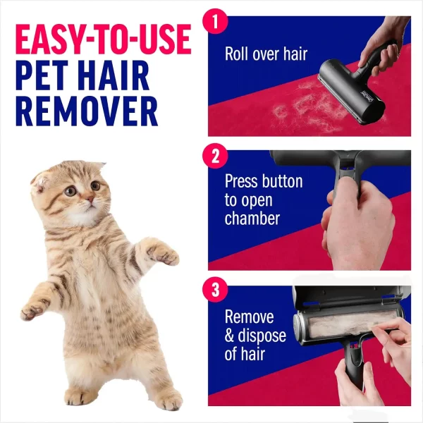 how-to-use-chomchom-roller-steps A three-step guide on using the remover: first roll over the hair, then press the button to open the catch chamber, and finally remove the collected fur for disposal