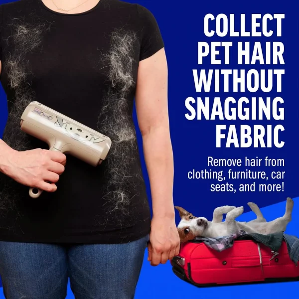 lint-remover-tool-on-black-clothing A person holding the roller against a black t-shirt covered in shed fur to show it cleans without snagging fabric. A small dog rests in a red suitcase in the corner