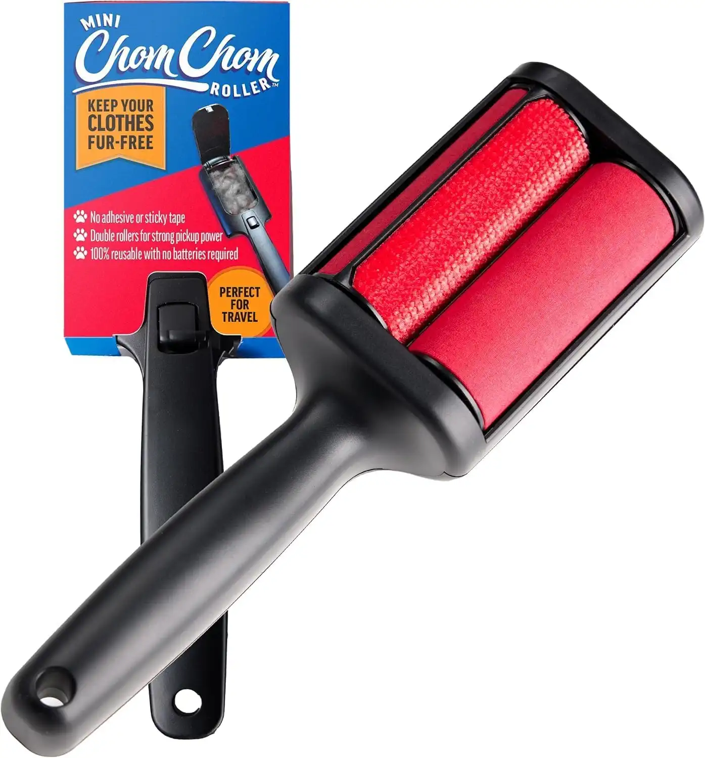 The Mini ChomChom Roller displayed upright next to its blue and orange retail packaging box