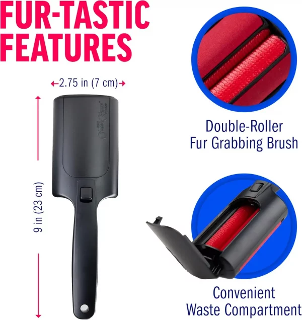 A technical diagram showing the dimensions of the mini roller and highlighting the double-roller brush and waste compartment features