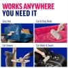 pet-hair-remover-usage-examples-furniture-car Grid display showing the roller cleaning four different surfaces: a blue velvet couch, a pink pet bed, a carpeted cat tower, and a black car seat
