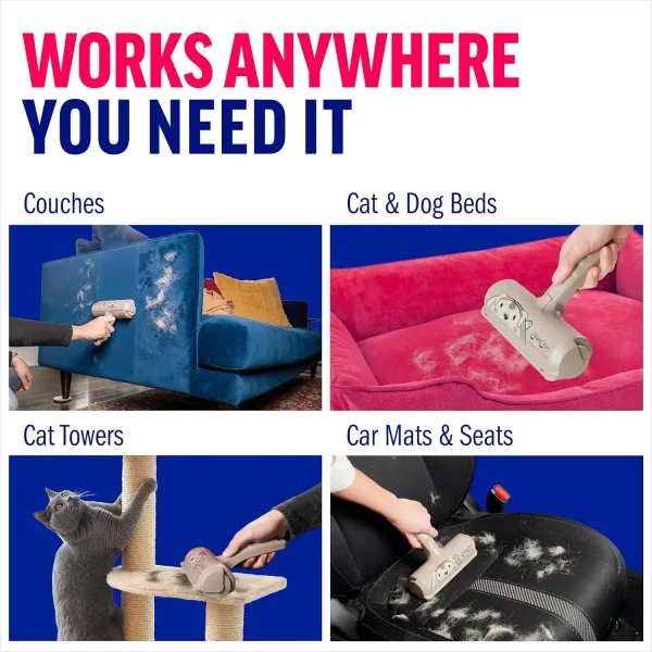 pet-hair-remover-usage-examples-furniture-car Grid display showing the roller cleaning four different surfaces: a blue velvet couch, a pink pet bed, a carpeted cat tower, and a black car seat
