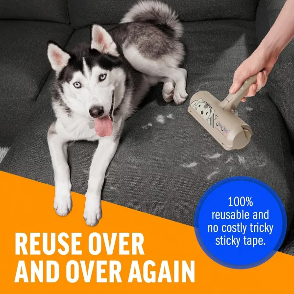 reusable-lint-roller-husky-dog-couch A husky dog lying on a dark grey sectional sofa while a hand cleans the upholstery with the reusable roller. Text highlights that no sticky tape is required