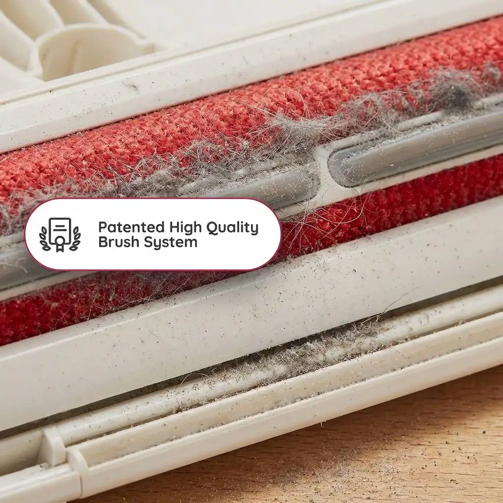 Fine grey dust and dander clog the red velvet strips of a tool resting on a workbench.